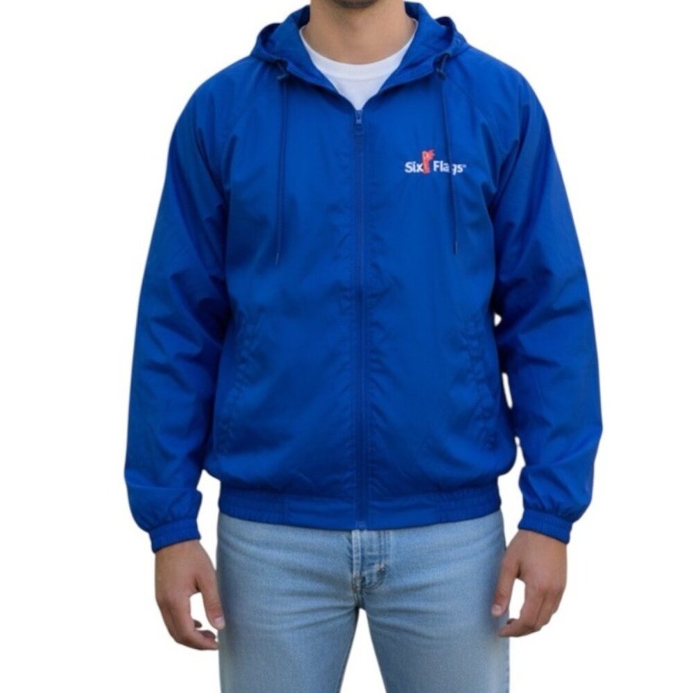 SIX FLAGS  Blue Vintage 90s Full Zip Nostalgic Windbreaker Jacket Size Small